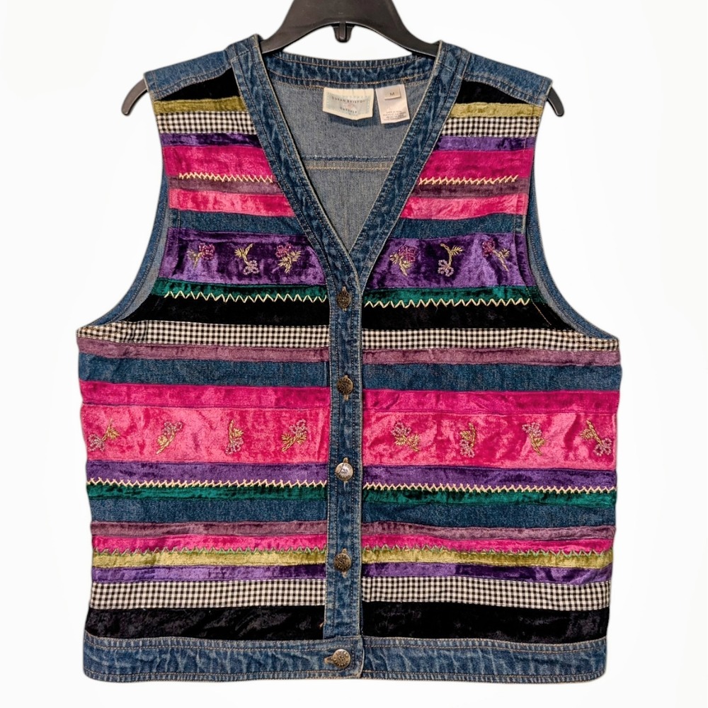 VTG Susan Bristol Casuals Womens Patchwork Denim Vest Size M Hand Embroidered